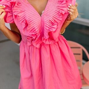 Pink Ruffled V-Neck Women's Dress